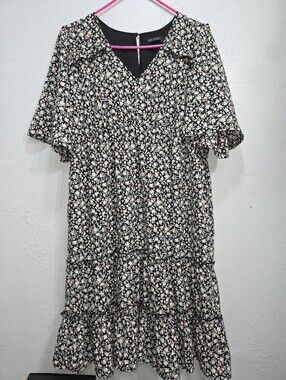 Mikarose Black Floral Ruffle-Trim Dress with Peach and White Blossoms